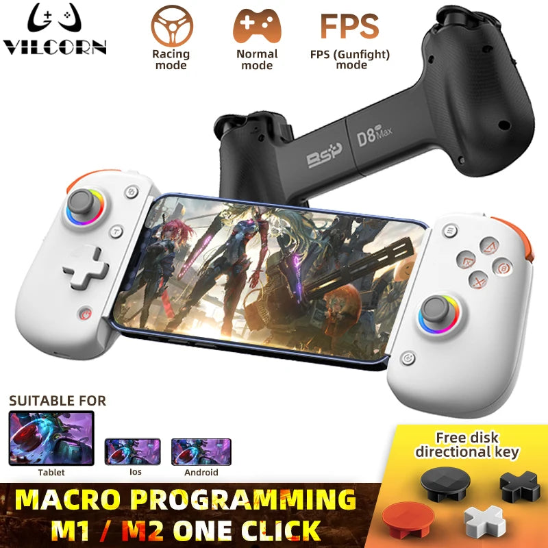 D8Pro Tablet RGB Gaming Controller FPS Mobile Gamepad For Android IOS PS4 Switch PC Hall Trigger Joystick with M1M2/Turbo/6-Axis