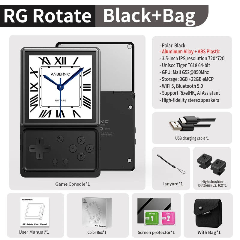 Anbernic RG Rotate Handheld Game Console 3.5" IPS Rotating Screen Android Aluminum Alloy 2000 mAh Retro Portable Games Player AI