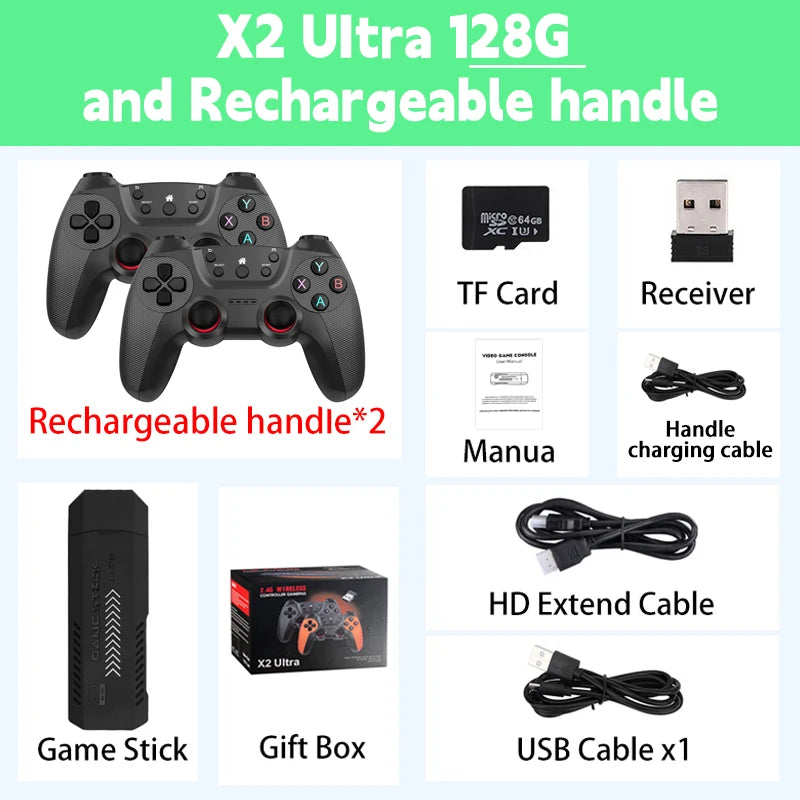 X2 Ultra Video Game Stick Console Or ONLY 64G Retro Games Christmas Gift 2.4G Double Wireless Controller 4K HD30000 Games