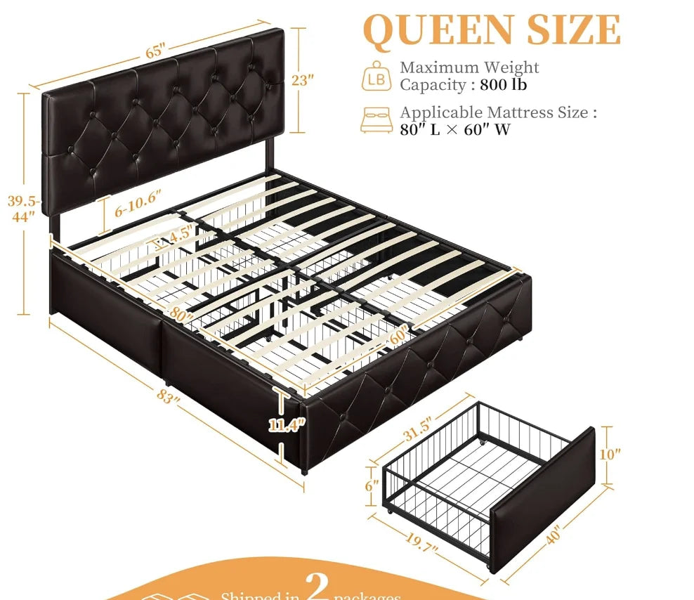 Gepolsterter Bettrahmen in Queen-Size-Größe mit 4 Schubladen und verstellbarem Kopfteil, Plattformbett aus Kunstleder mit Matratzenfundament St