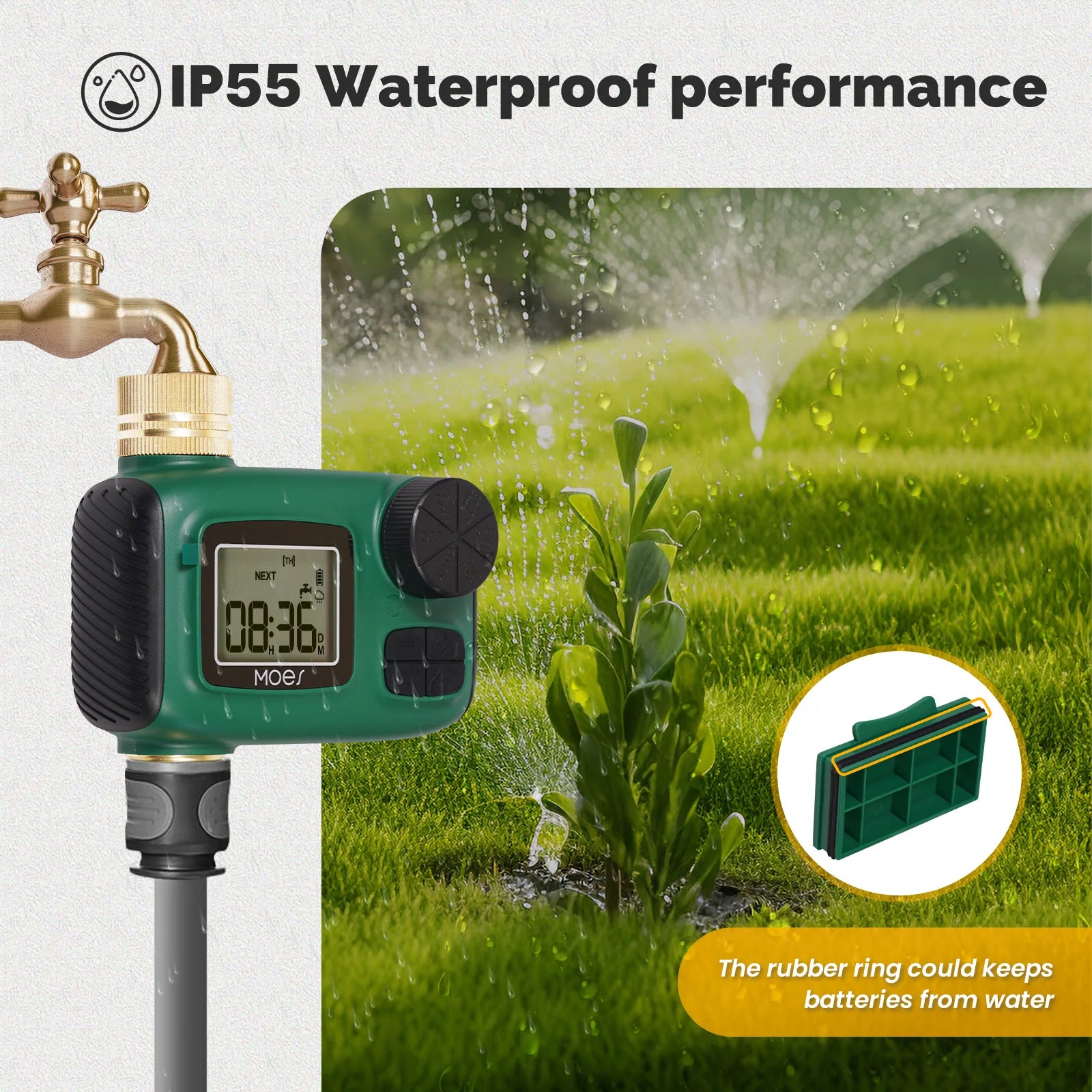 MOES Wassertimer 1-4Outlet Messingeinlass Drehknopf-Tastensteuerung mit LCD-Bildschirm Regenverzögerung Kindersicherung Gartensprinkler