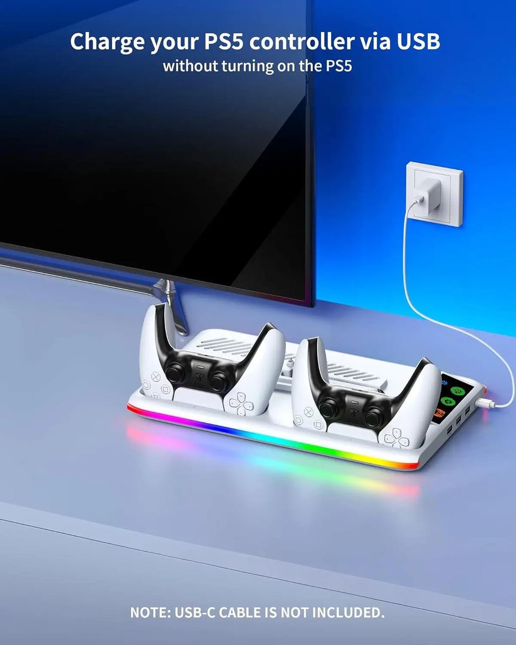 For PS5/Slim/Pro Cooling Stand with LED Controller Charging Station, 3-Gear Cooling Fan for PlayStation 5 Console Accessories