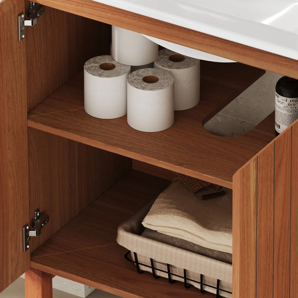 30" Modern Bathroom Vanity with Ceramic Sink, Vintage Minimalist Bathroom Vanity Cabinet, 45 Degrees Free-Handle Design Doors