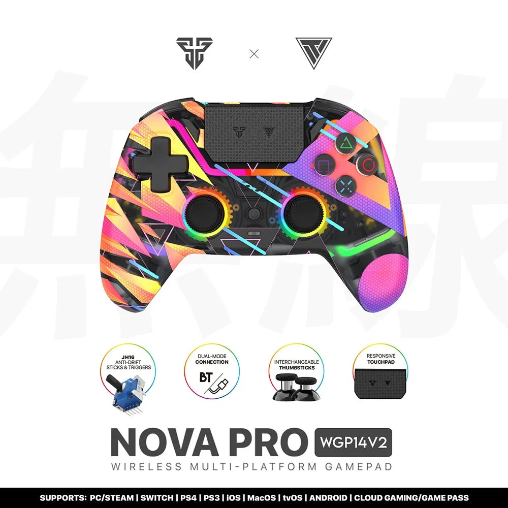 FANTECH NOVA PRO WGP14V2 Wireless Gamepad Anti-Drift Hall Effect Sticks and Force-switchable Tirgger Wired Controller for PS4