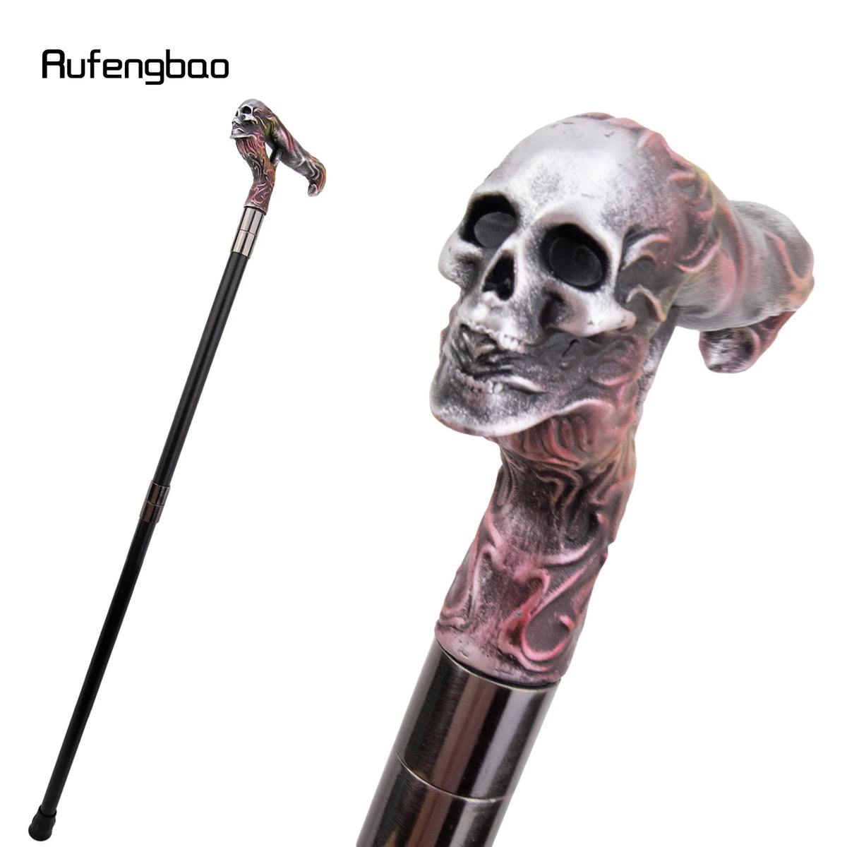 Silver Resin Long Head Skull Colorful Cane Fashion Decorative Steel Stick Gentleman Elegant Cosplay Cane Knob Crosier 96cm