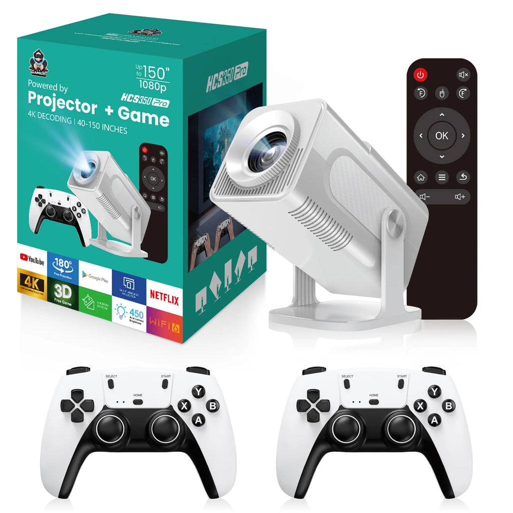 White HCS350pro Retro video game consoles Android12.0 HD TV OS system WIFI Portable Intelligent Projector 720p  Home Projector