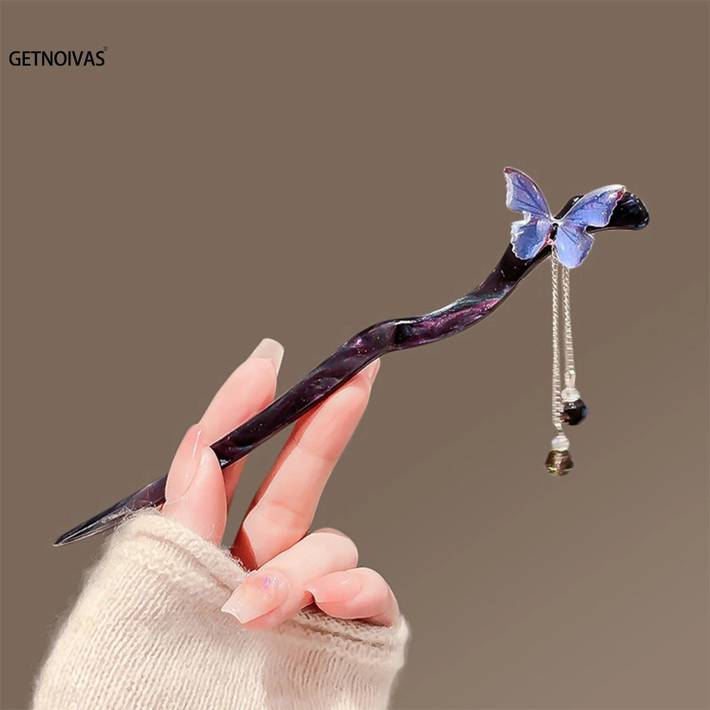 Mode Schmetterling Haar Sticks Chinesischen Retro Mädchen Lange Quaste Haarnadeln Essigsäure Kopfschmuck Brötchen Maker Haar Styling Zubehör