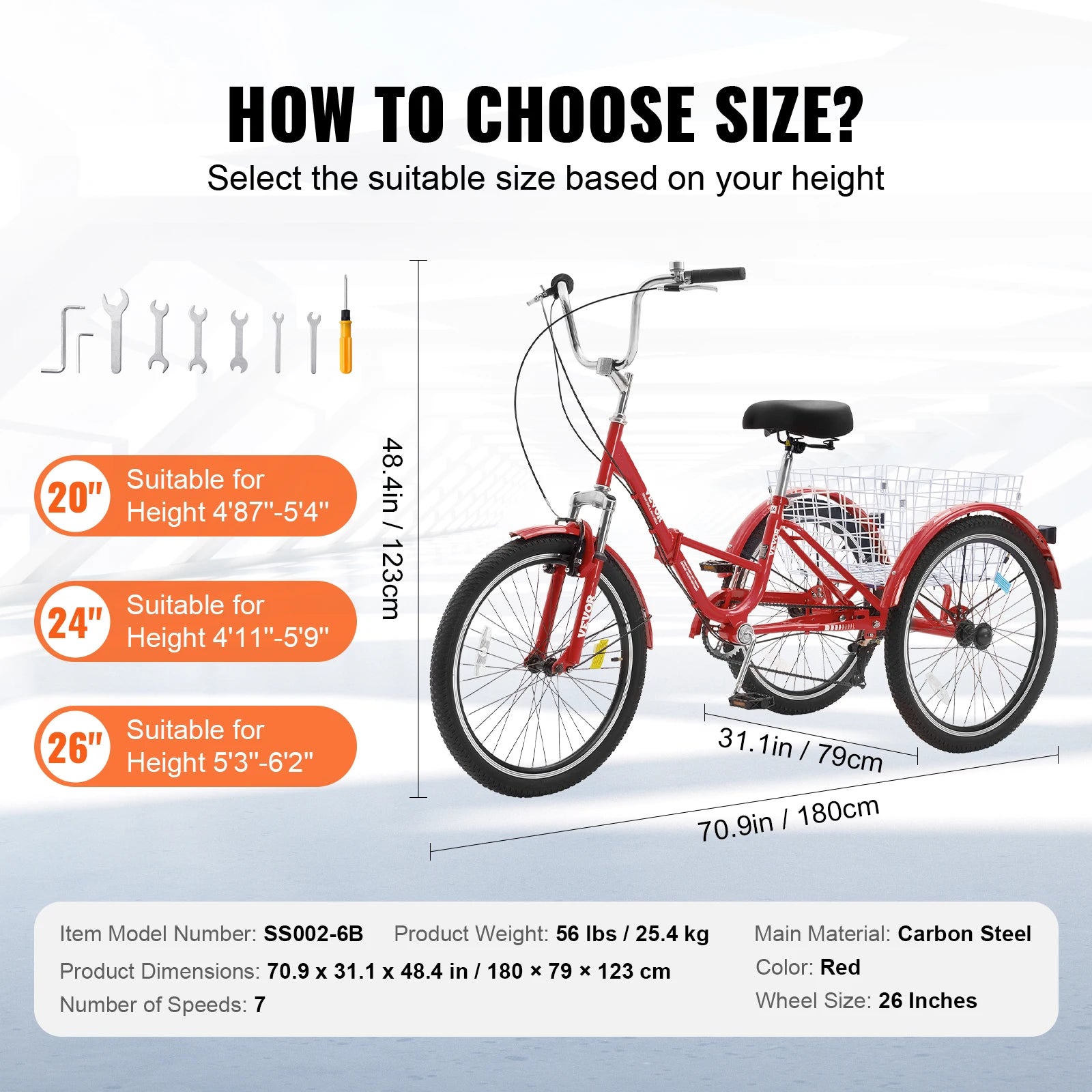 SucceBuy 20-26inch Folding Adult Tricycle 7 Speed Carbon Steel 3 Wheels with Basket Adjustable Seat Shopping Picnic For Seniors