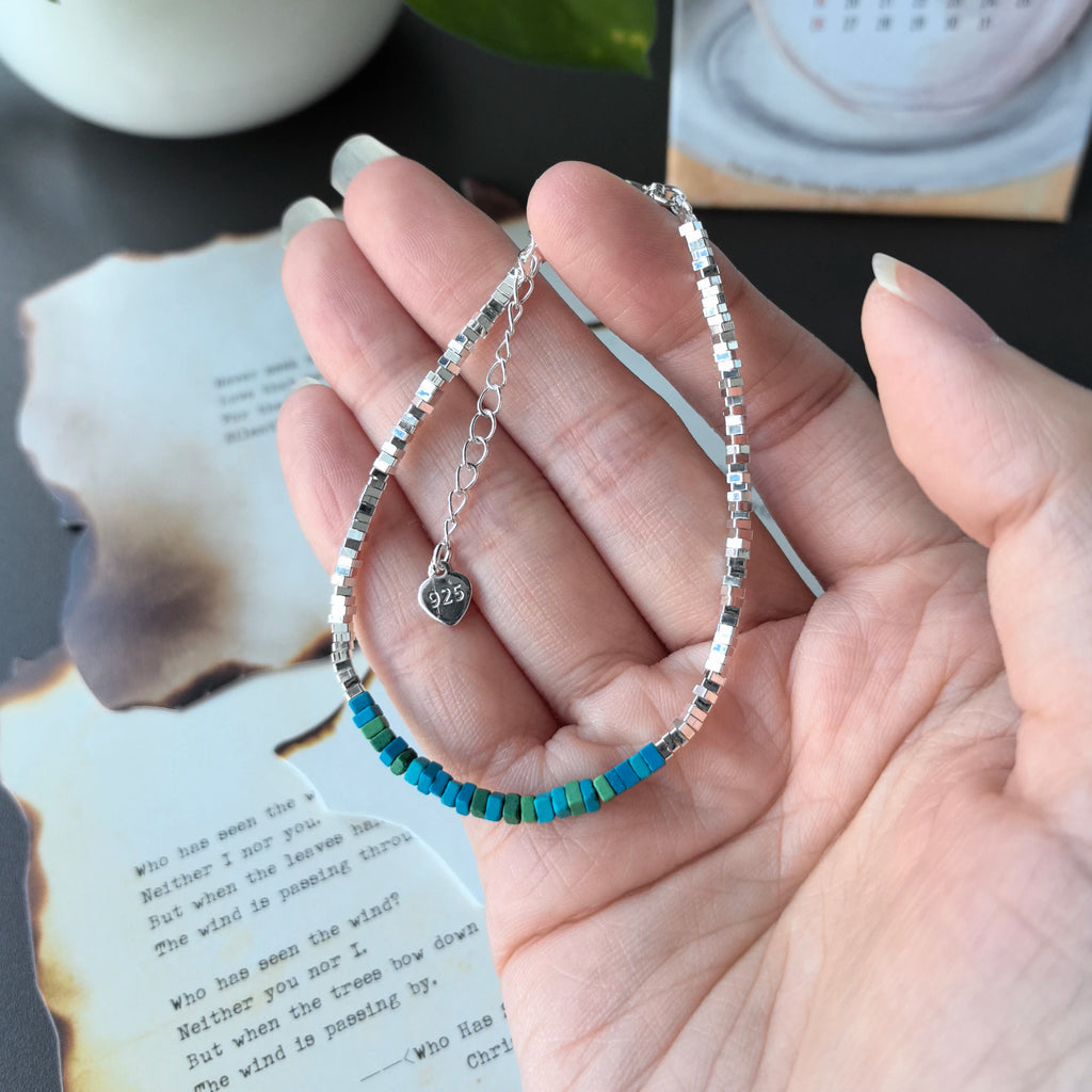 VENTFILLE 925 Sterling Silver Natural Turquoise Square Bead Bracelet For Women Gift Crushed Silver Jewelry Dropshipping
