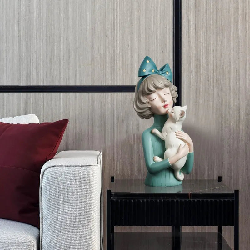 Modern Nordic Bow Girl Hold Cat Hold Dog, Room Decoration Accessories, Dressing Table Crafts, Statue, Sculpture, Birthday Gift