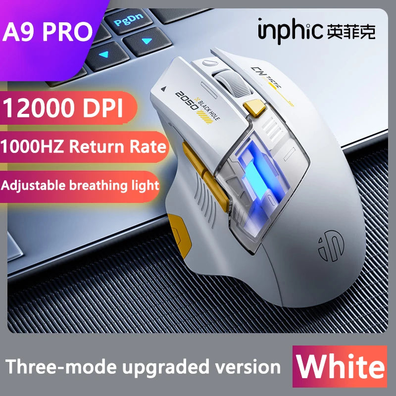 Inphic A9 PRO MAX Neue kabelgebundene/kabellose/Bluetooth-Gaming-Maus mit drei Modi, 1000 Hz Rücklaufrate, 12800 DPI kabellose Maus