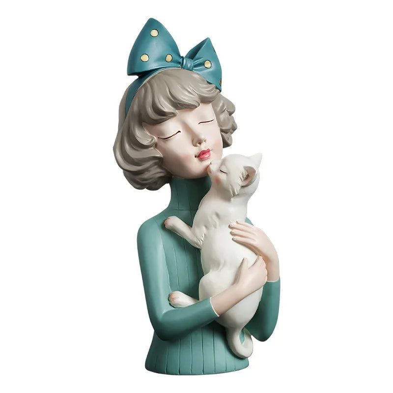 Modern Nordic Bow Girl Hold Cat Hold Dog, Room Decoration Accessories, Dressing Table Crafts, Statue, Sculpture, Birthday Gift