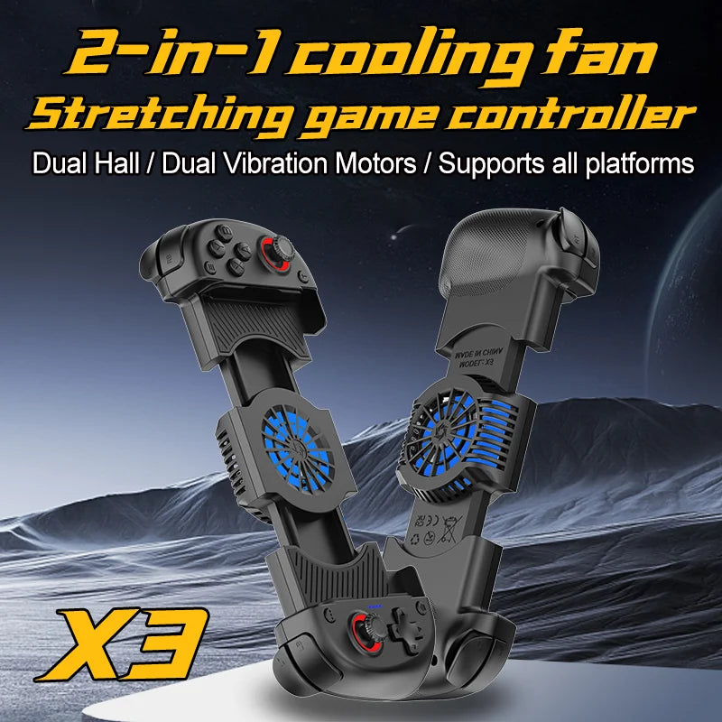 2 IN 1 Cooling Fan Stretching Gamepad X3 for Multi-Platform with Dual Hall,Dual vibration Motors&intelligence Bluetooth Chip