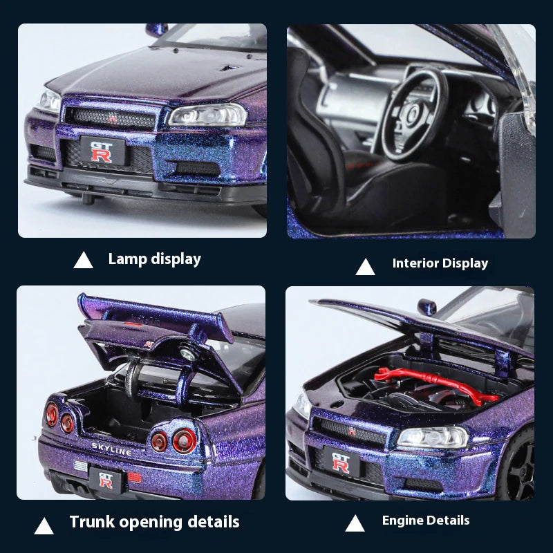 1:32 GTR R34 Skyline Street Car Version Supercar Die Casting Alloy Model Metal Car Sound Light Pull Back Mini GT Valentine's Day
