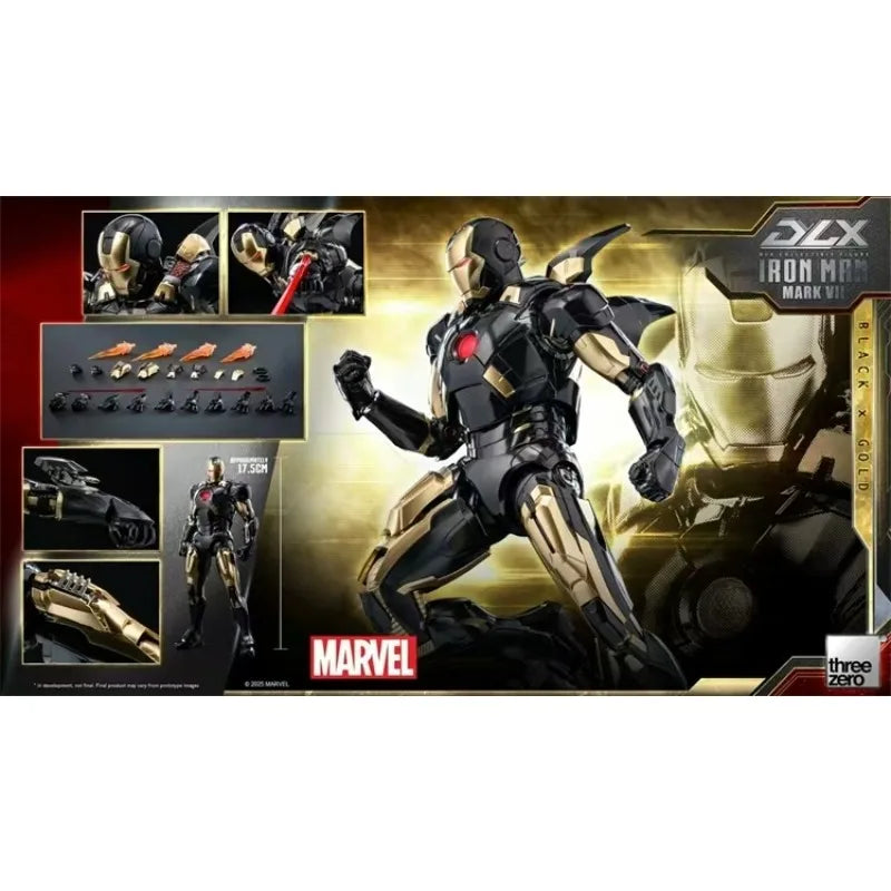 Original Threezero Marvel DLX Iron Man Mark 7 Black Gold Anime Figure Toy Collection Model