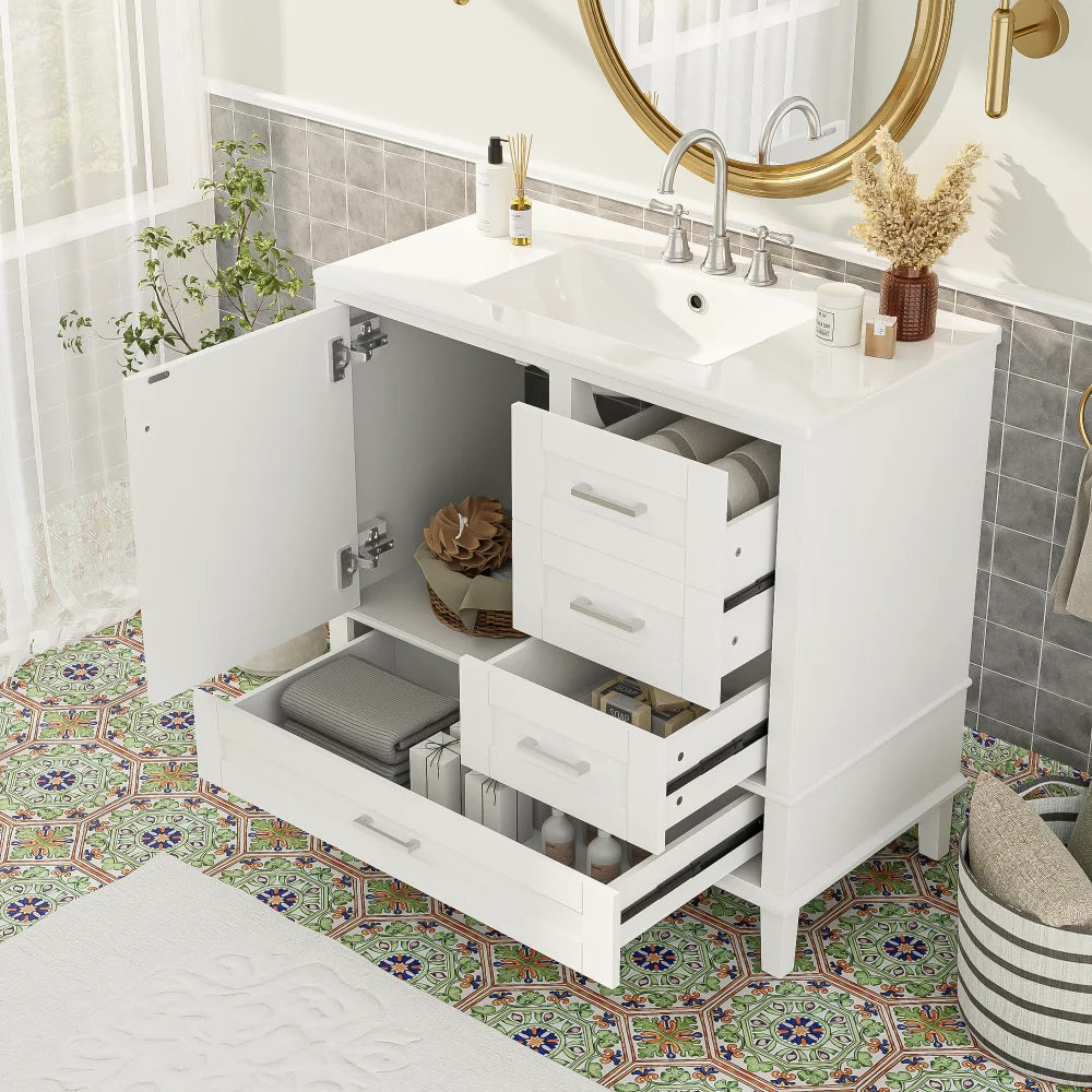 36" White Bathroom Vanity with Solid Pine Frame, 1 Soft Close Door and 3 Drawers , Modern Storage Cabinet