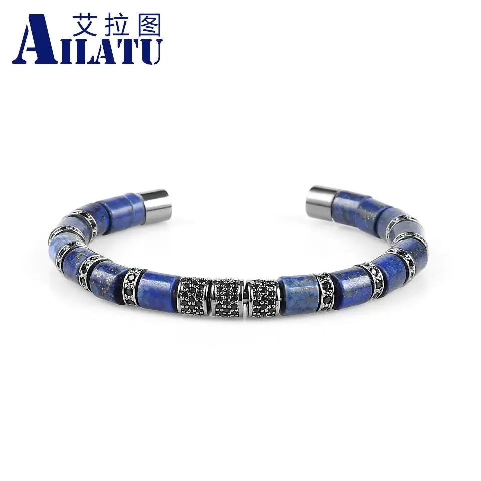 Ailatu 5 teile/los Edelstahl Armreifen Naturstein Zylinder Perlen Armbänder Luxus Männer Schmuck Top Qualität