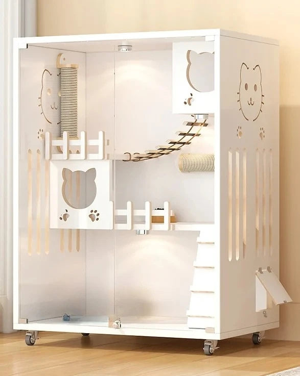 Cat Villa Large House Indoor Cat House Solid Wood Ecological Board Material Cat Furniture Vintage Style 90*60*125cm