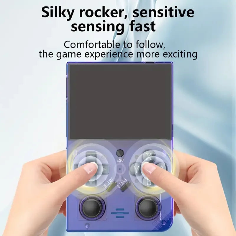 Retro handheld game console. 3.5-inch screen, portable pocket game console with headphone jack, USB charging.