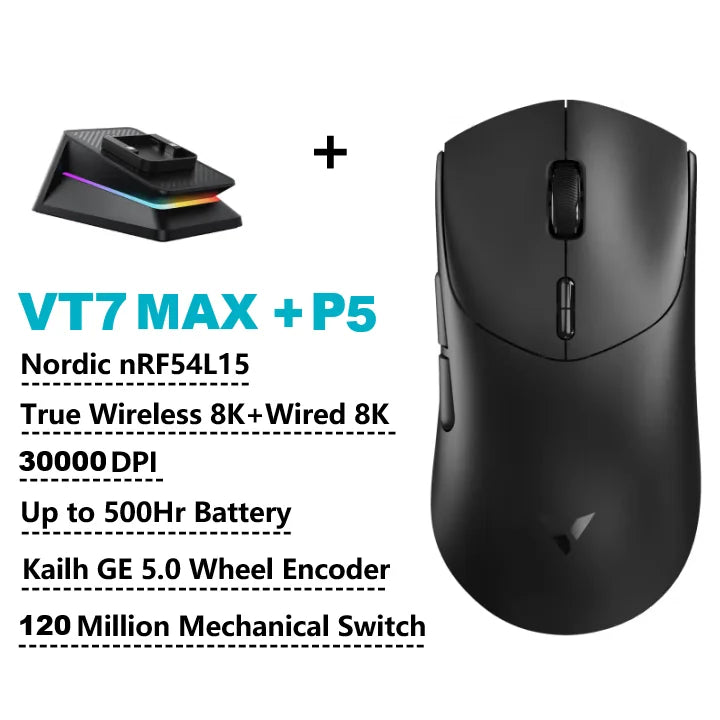 Безжична геймърска мишка Rapoo VT7 /VT7 MAX, True 8K безжична скорост на анкетиране, 53 г, лека, до 500 часа живот на батерията, активирани макроси