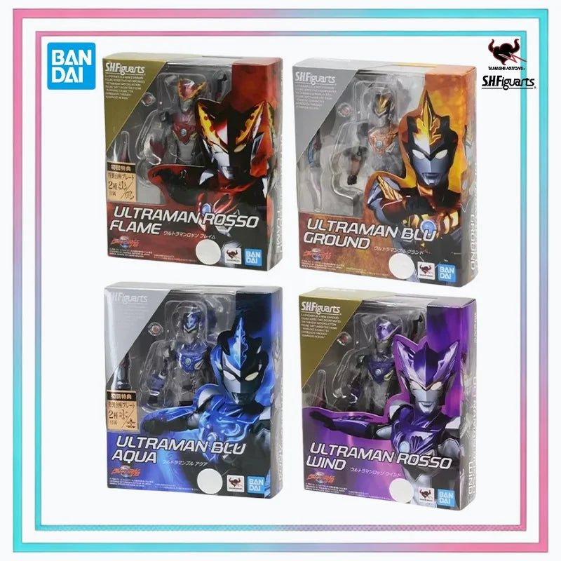 BANDAI Genuine SHF Ultraman Blu AQUA GROUND Rosso FLAME WIND Anime Action Figure Articulated Model Toy Gift for Kid Desk Decor