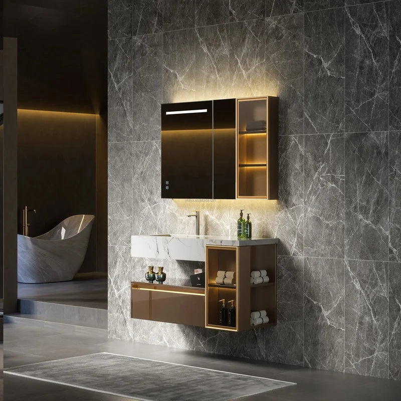 High End Bathroom Cabinet Vanity with Seamless Splicing Basin and Multifunction Mirror Cabinet