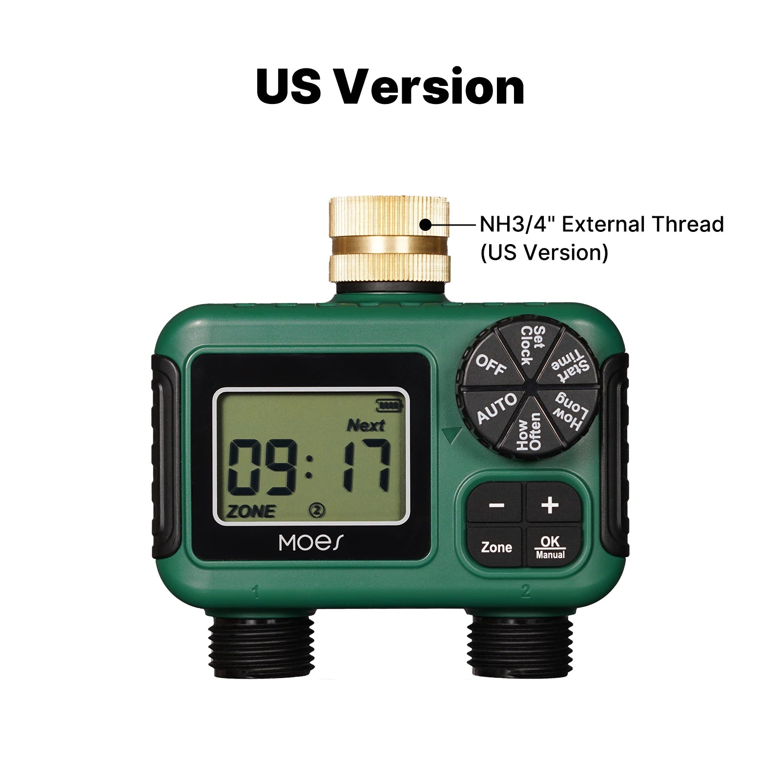 MOES Wassertimer 1-4Outlet Messingeinlass Drehknopf-Tastensteuerung mit LCD-Bildschirm Regenverzögerung Kindersicherung Gartensprinkler