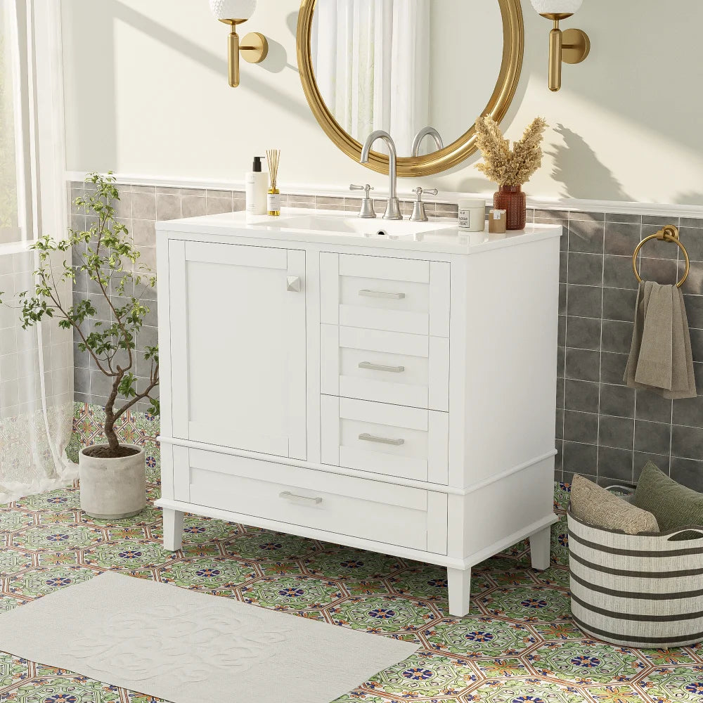36" White Bathroom Vanity with Solid Pine Frame, 1 Soft Close Door and 3 Drawers , Modern Storage Cabinet
