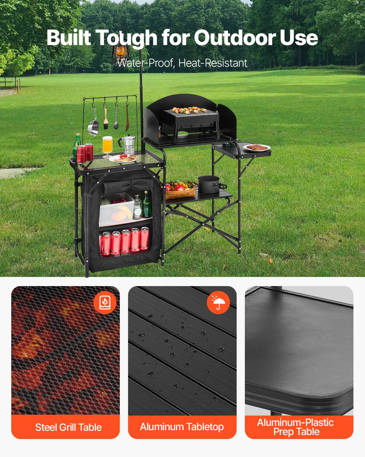 VEVOR  Outdoor Camping Cooking Table, Aluminum Portable Cook Station with Storage Cupboard Carrying Bag Detachable Windscreen