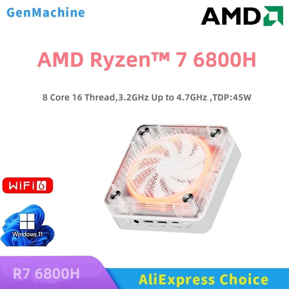 GenMachine AMD Ryzen™ 7 6800H Windows 11 Ryzen MINI PC DDR4 8 Core 16 Thread 3.2GHz Up to 4.7GHz 45W WIFI6 diy gaming computer