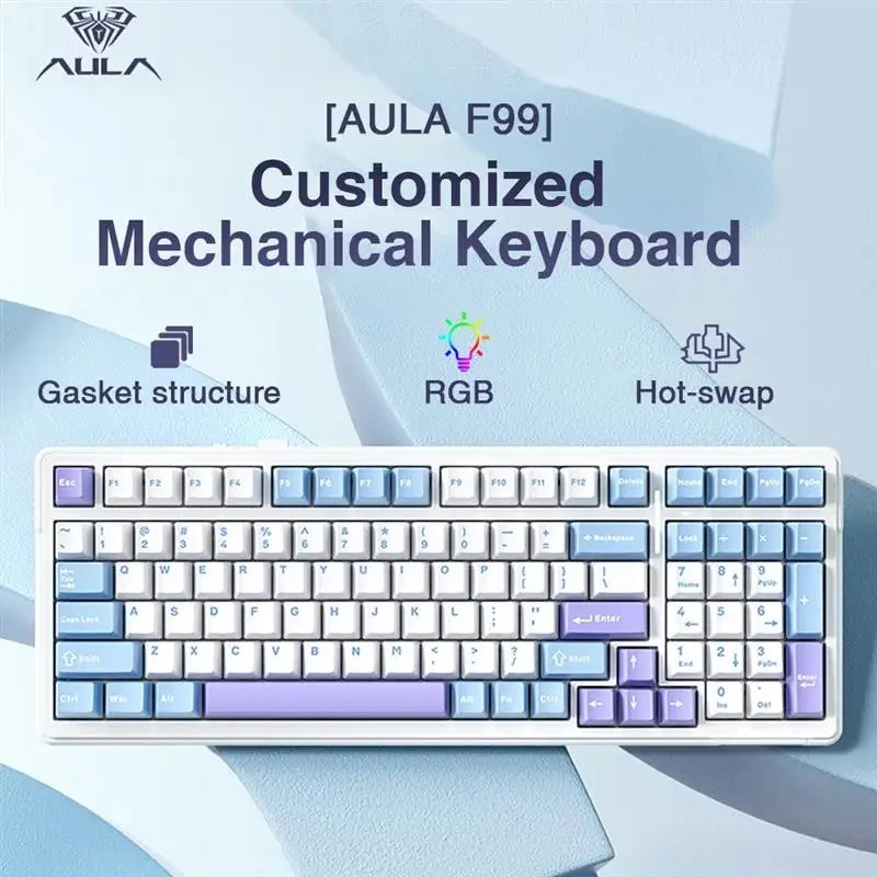 Aula F99 Mechanische Gaming-Tastatur mit drei Modi, 2,4 g, kabellos, Bluetooth, verkabelt, Hot-Swap, PBT-Dichtung, RGB, für PC, Laptop, Gamer, 99 Tasten