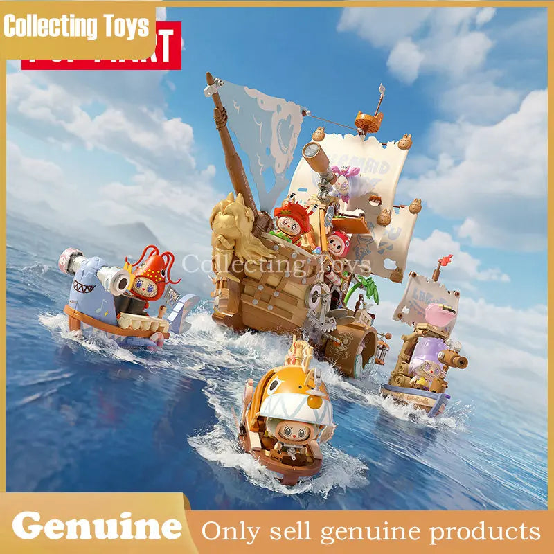 Genuine Pop Mart Labubu Themonsters Chasing Mermaids Series Blocks Fish Boat Puzzle Toys Pirate Ship Building Set For Collectors