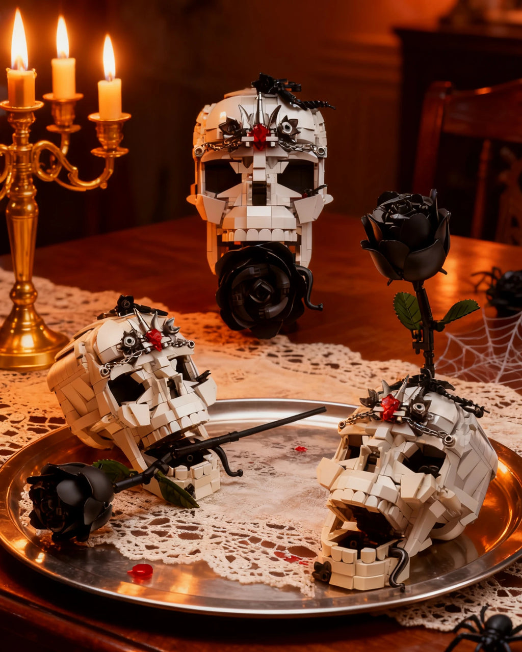 Creative Evil Skull Transformation Model Toy Block Dark Rose 3-in-1 Set Office Decoration Assembly Toy Boy Halloween Gift