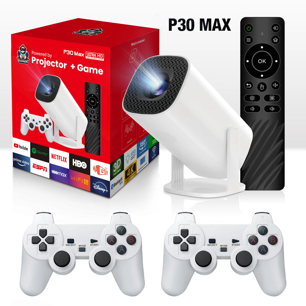 MOAO P30 Max Video Game Console Include 2 Wireless Game Controllers 3800 Games Support 4K 1080P Android11 Portable Projector