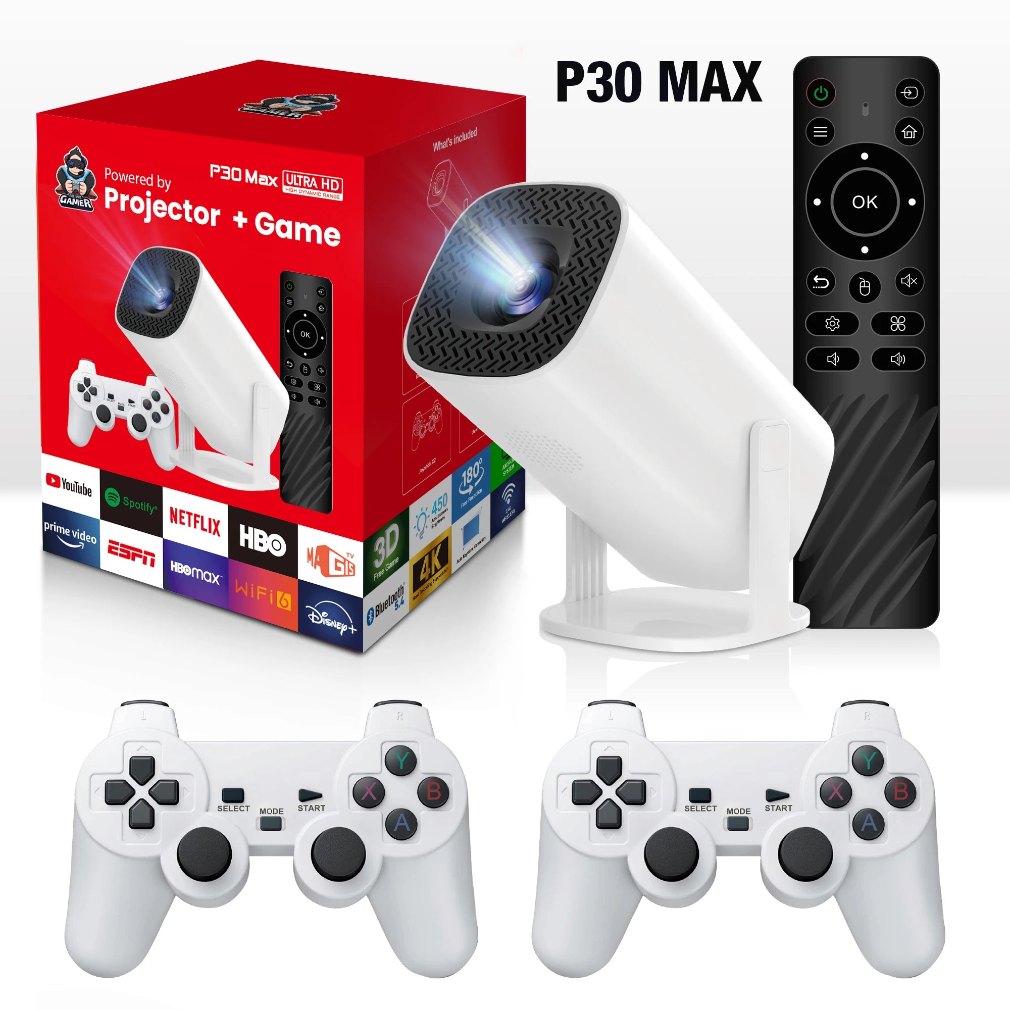 MOAO P30 Max Video Game Console Include 2 Wireless Game Controllers 3800 Games Support 4K 1080P Android11 Portable Projector