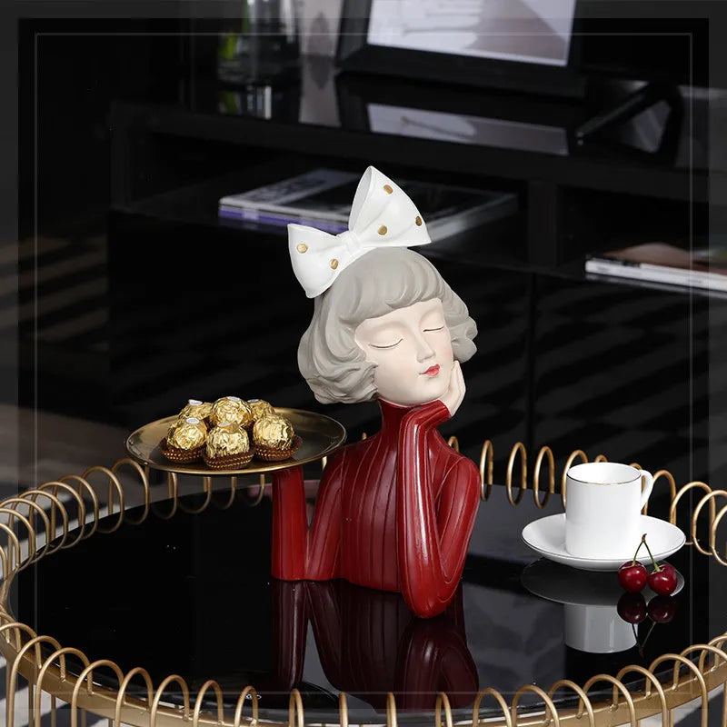 Modern Bow Girl Statue for Entrance Key, Storage Tray, Ornaments,Home Decor Crafts, Figurines,Snacks Candy Storage Tray, Gift