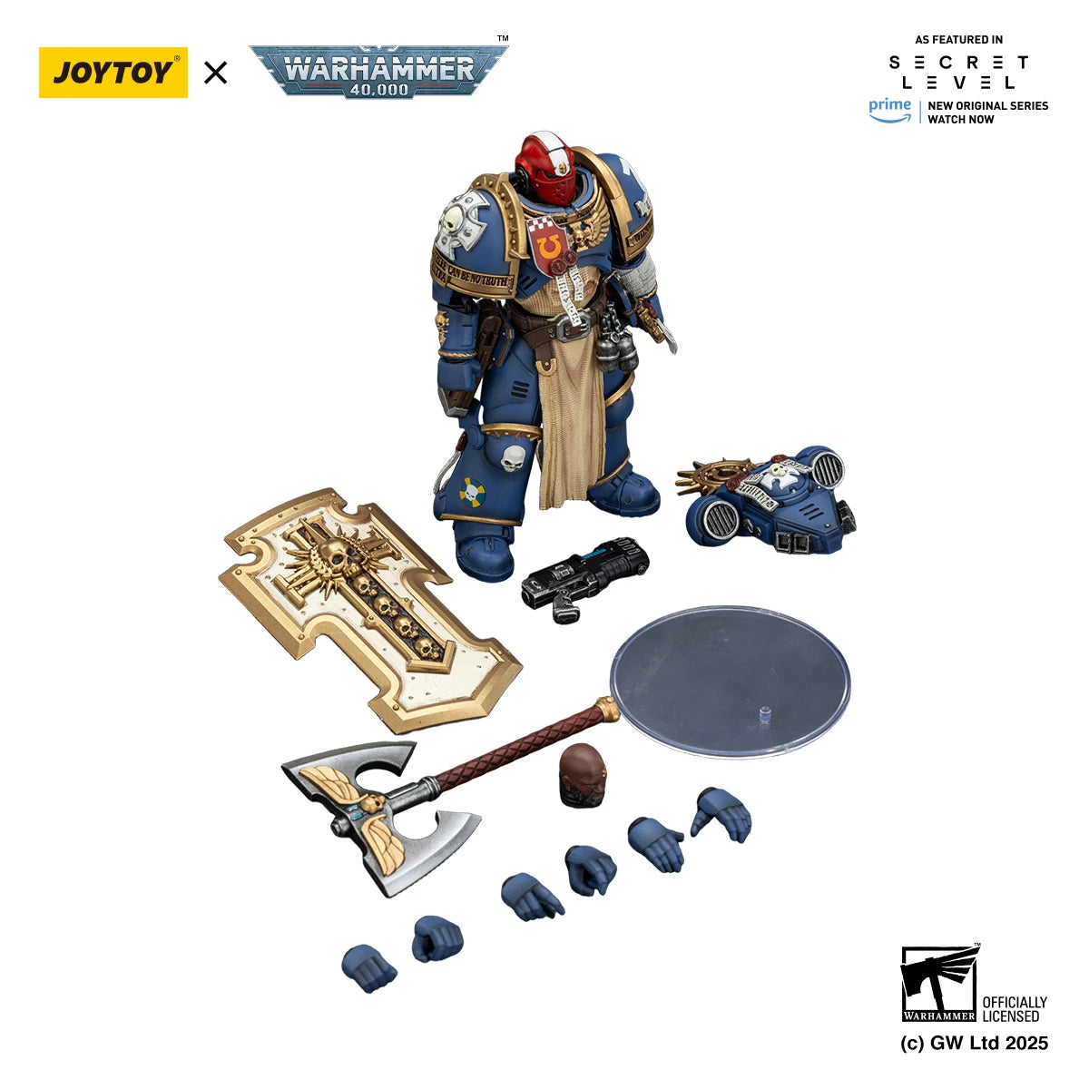 JOYTOY Warhammer 40k 1/18 Action Figures Ultramarines Metaurus with Power Axe Stormshield and Plasma Pistol Model Toys