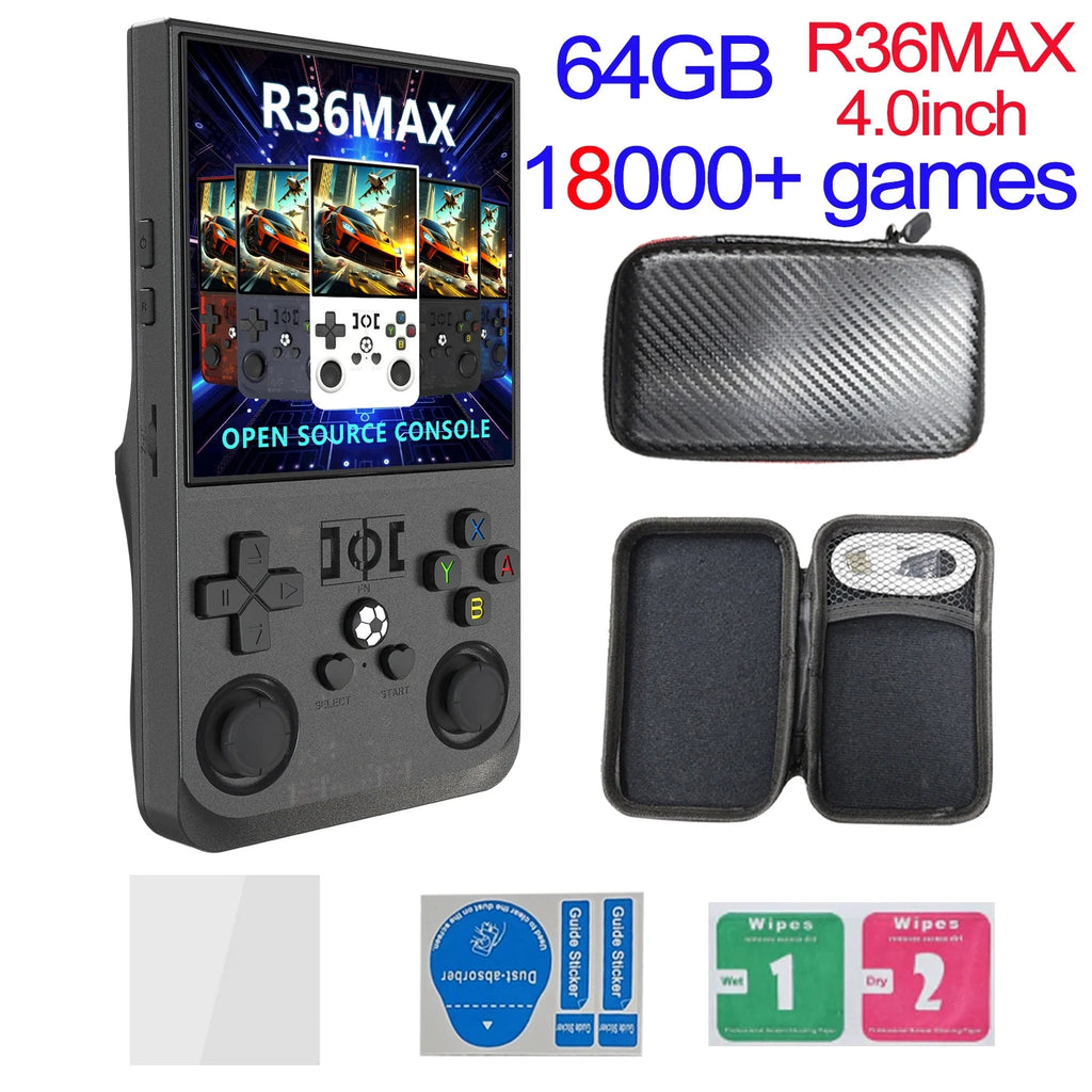 R36MAX Игрална конзола 64GB 128GB 18000+ ИГРИ Linux система 4.0-инчов K36 срещу R36S 3.5-инчов джобен видео плейър. Не е необходимо изтегляне.