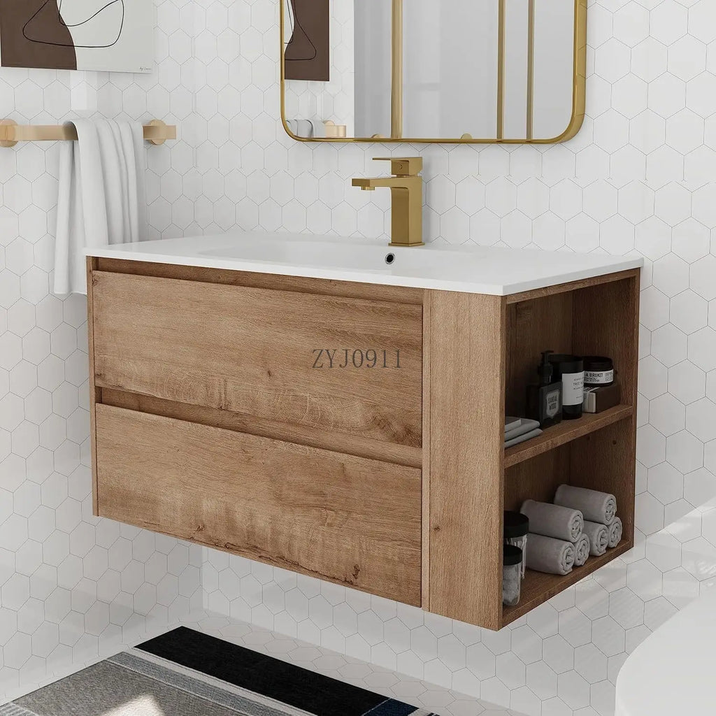 Bathroom Vanity with Gel Sink Combo Wall Mounted Cabinet Set, Modern Float Mounting Bathroom Vanity Set with 2 Drawers