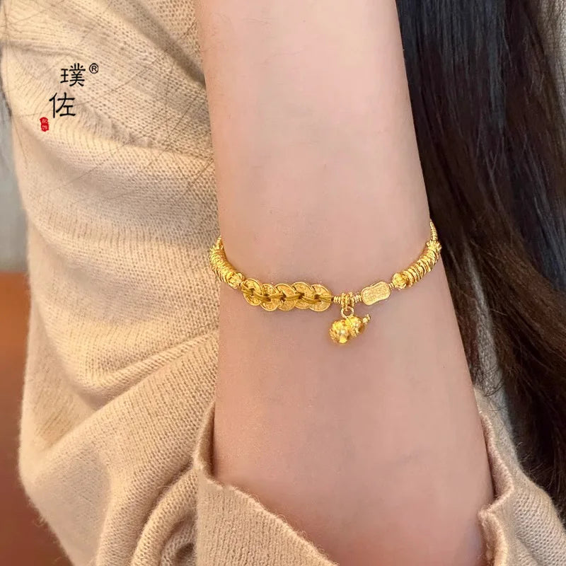 24 Karat AU999 Goldarmband im chinesischen Stil für Damen – Fünf-Kaiser-Münzen, Kürbis-Spiralmuster, klassisch und modisch