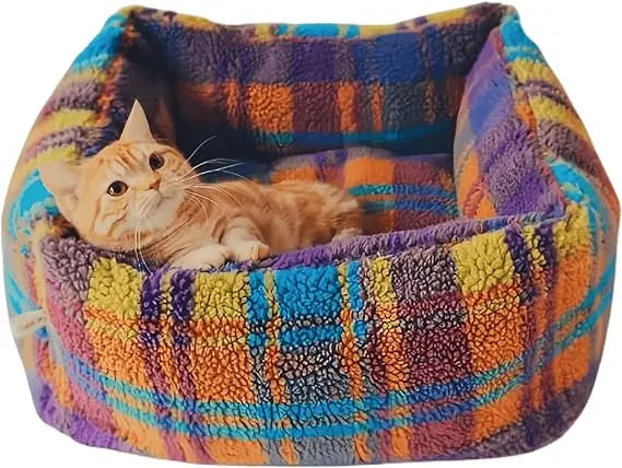 "cozy plaid cat and small dog sofa bed with self-warming feature for indoor use"