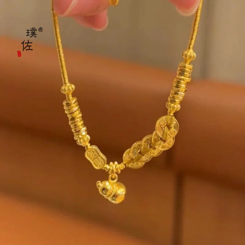 24 Karat AU999 Goldarmband im chinesischen Stil für Damen – Fünf-Kaiser-Münzen, Kürbis-Spiralmuster, klassisch und modisch