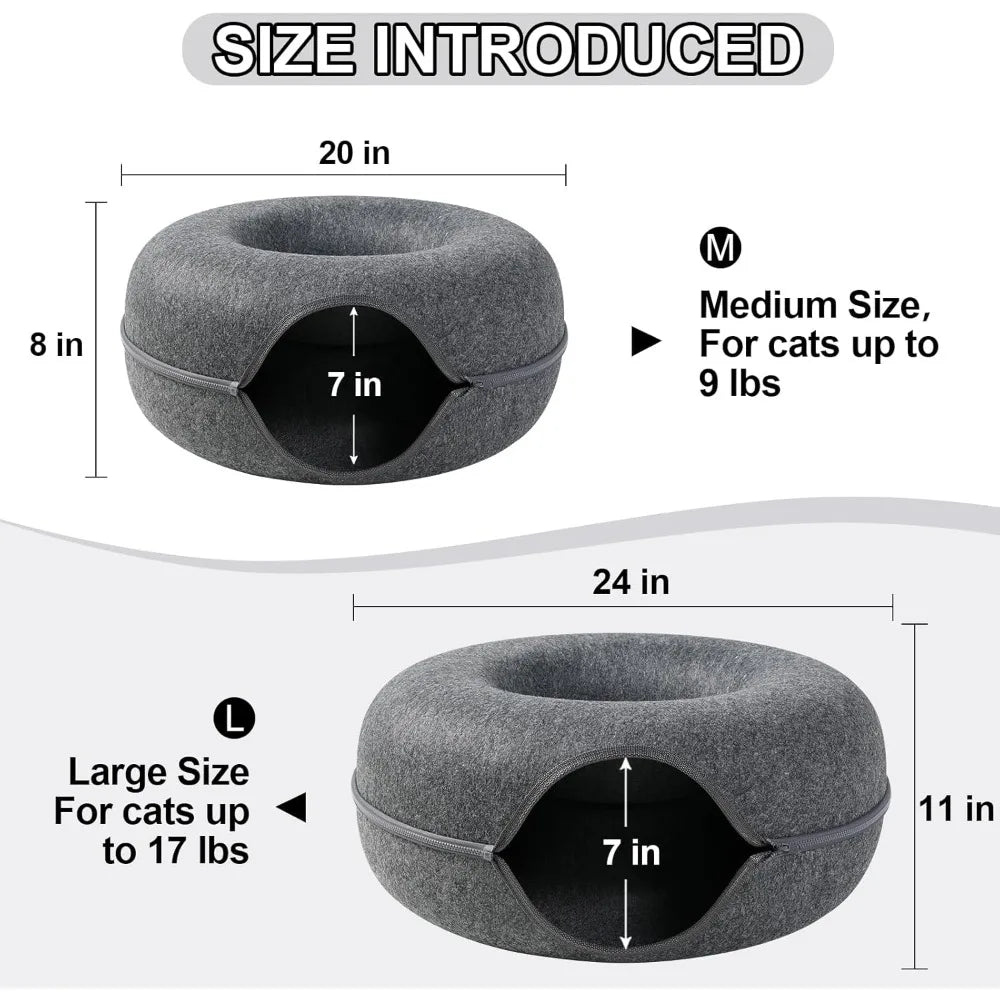 Cat Tunnel,Peekaboo Cave Bed for Indoor Cats,Donut Tunnel for Pet Cat House,Detachable Round Felt & Washable Interior Play Tunne