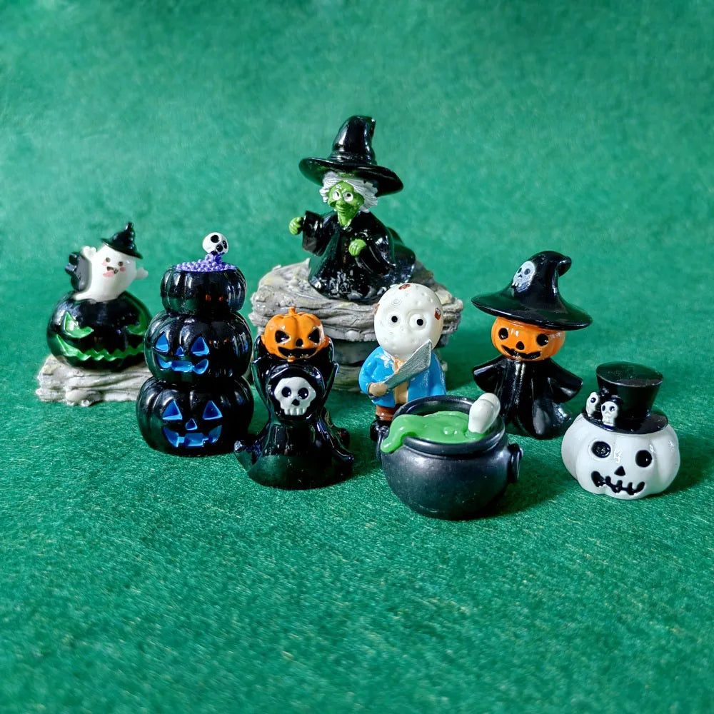 10 Stück Mini-Geist-Teufel-Zauberer, Festi-Kürbis-Schädel, Halloween-Dekoration, Kunstharz, Basteln, Miniaturfigur, winzig, für Feengarten-Dekor