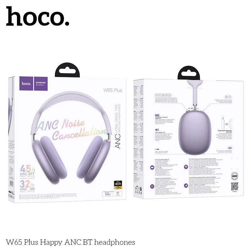 HOCO W65 Plus ANC Noise Reduction Bluetooth Headphones Over The Ear Wireless Big Earphone Hifi Sounds Sport Headsets With Button
