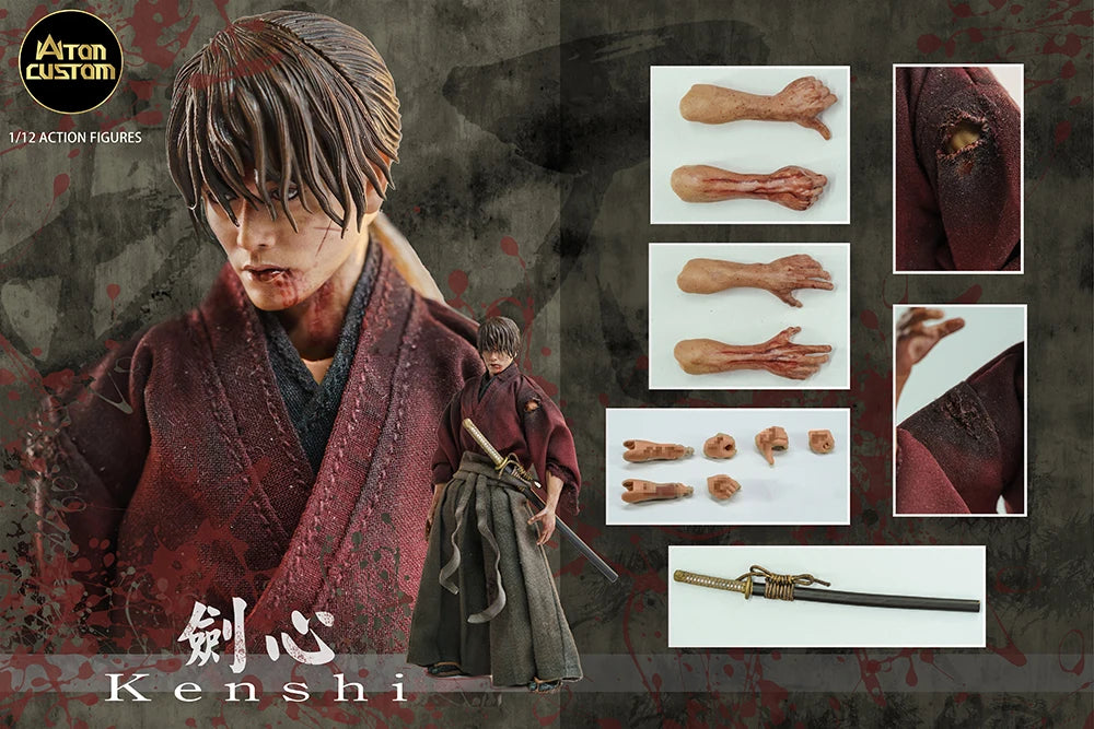 Atoncustom 1/12 Scale HIMURA KENSHIN Action Figure Normal Damaged Ver. 6-inch Samurai Male Soldier Figurine Collectible Model