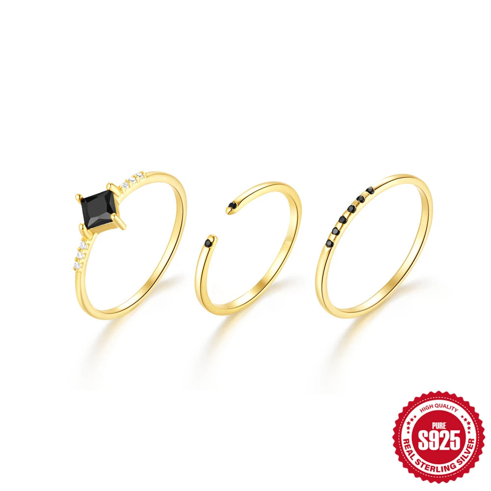 Aide 925 Sterling Silber 3-teiliges Set Einfacher Kreis Verstellbarer Ring für Frauen Minimalistischer schwarzer Zirkon K Gold Feiner Schmuck Partygeschenk
