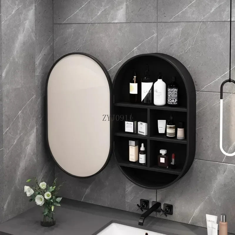 Nordic LED Smart Bathroom Mirror Cabinets Solid Wood Oval Bathroom Wall Hanging Round Vanity Mirrors with Storage Shelf b