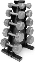WF Athletic Supply Чугунени дъмбели от 5 до 25 паунда със стойка за съхранение и шестоъгълен дизайн за вдигане на тежести