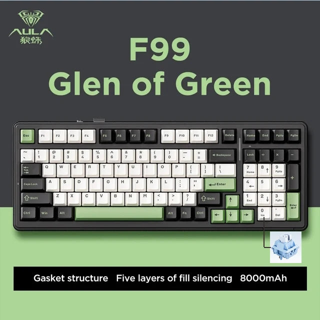 Aula F99 Mechanische Gaming-Tastatur mit drei Modi, 2,4 g, kabellos, Bluetooth, verkabelt, Hot-Swap, PBT-Dichtung, RGB, für PC, Laptop, Gamer, 99 Tasten